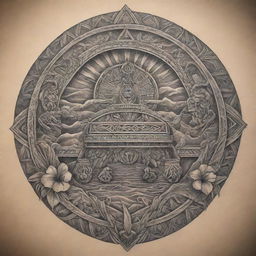 A detailed Polynesian style tattoo design incorporating elements of the Ark of the Covenant.