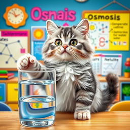 An adorable cat with bright, sparkling eyes energetically teaching the concept of osmosis