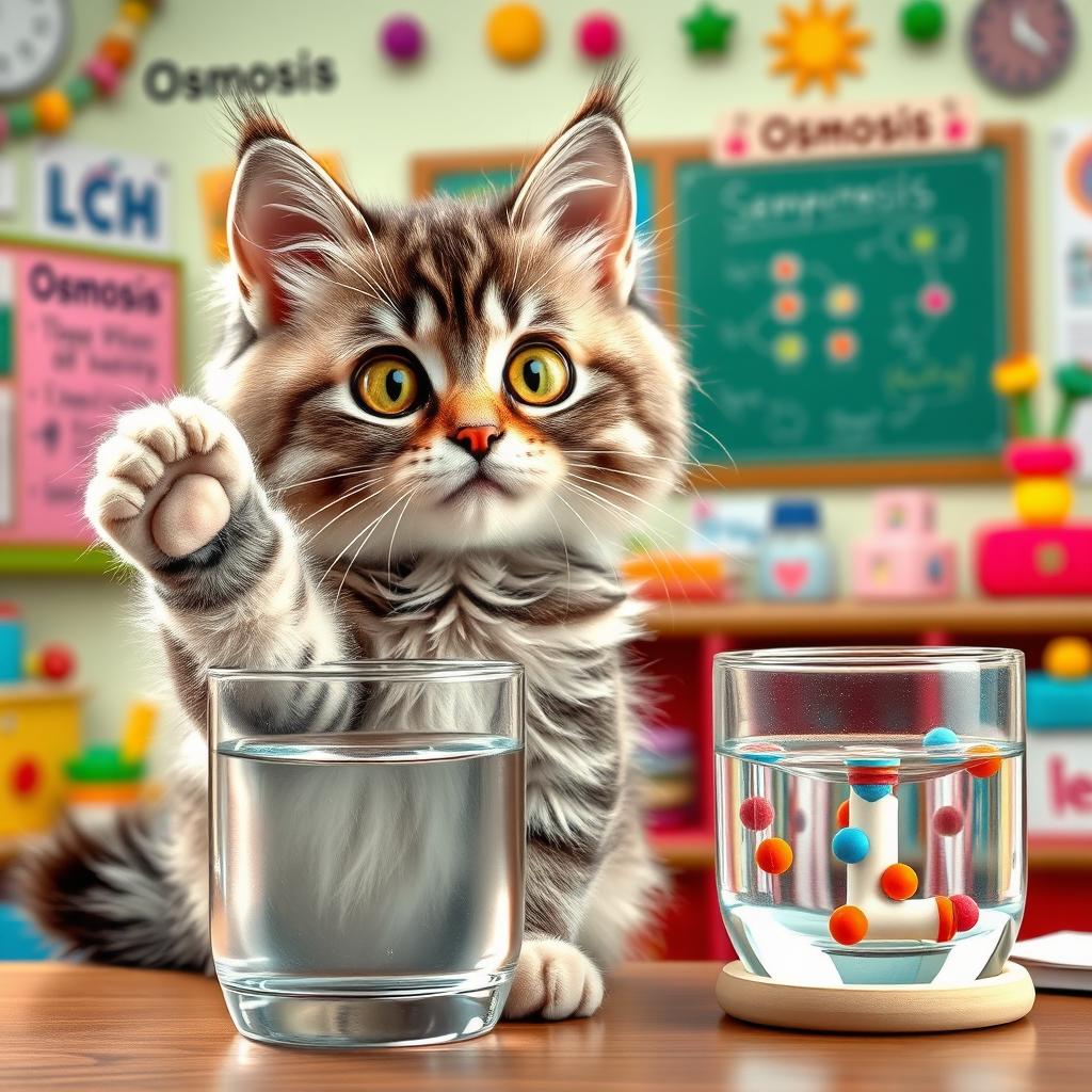 An adorable cat with bright, sparkling eyes energetically teaching the concept of osmosis