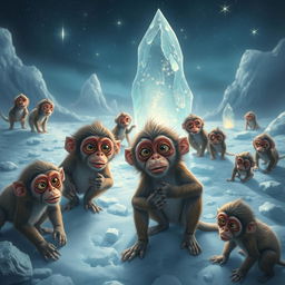 A group of Hyperborean monkeys in a surreal, icy landscape