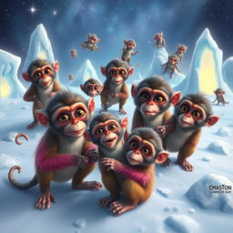 A group of Hyperborean monkeys in a surreal, icy landscape