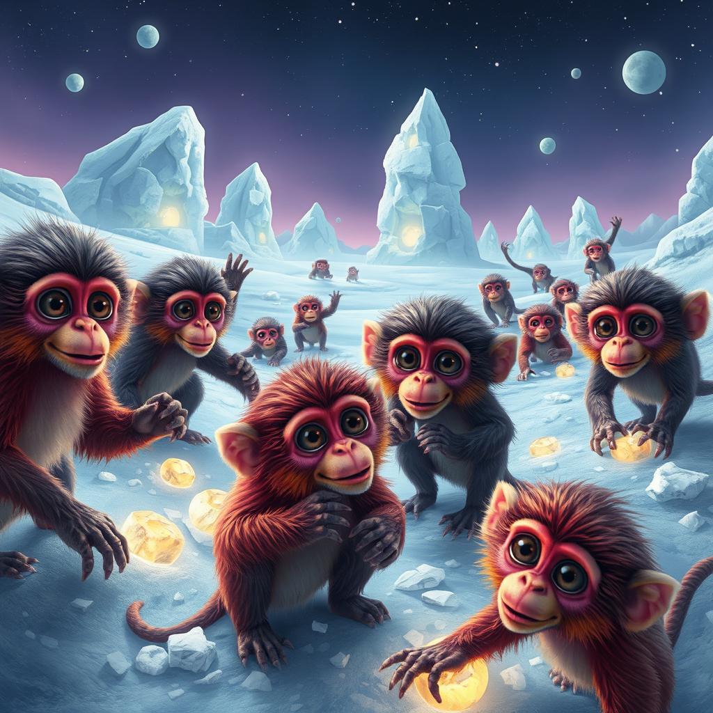 A group of Hyperborean monkeys in a surreal, icy landscape