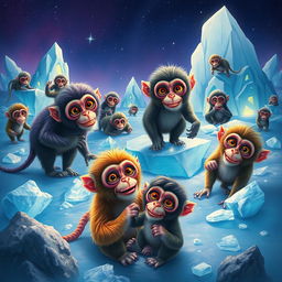 A group of Hyperborean monkeys in a surreal, icy landscape