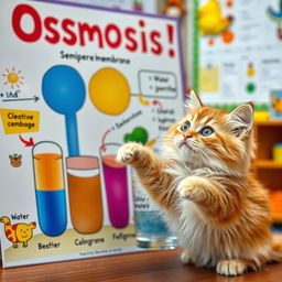 An adorable cat with sparkling, bright eyes enthusiastically teaching osmosis in a cell membrane context