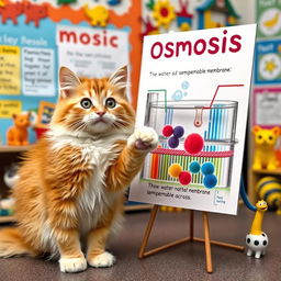 An adorable cat with sparkling, bright eyes enthusiastically teaching osmosis in a cell membrane context