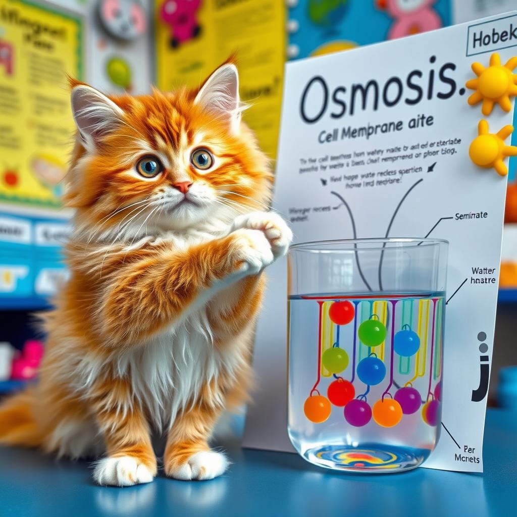 An adorable cat with sparkling, bright eyes enthusiastically teaching osmosis in a cell membrane context