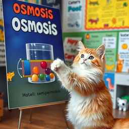 An adorable cat with sparkling, bright eyes enthusiastically teaching osmosis in a cell membrane context