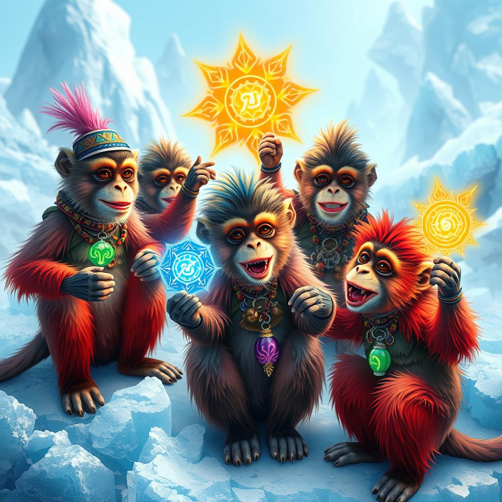 A group of anthropomorphic Hyperborean monkeys engaged in a whimsical scene, showcasing their vibrant fur and playful expressions