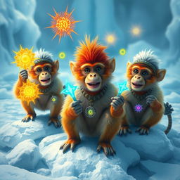 A group of anthropomorphic Hyperborean monkeys engaged in a whimsical scene, showcasing their vibrant fur and playful expressions