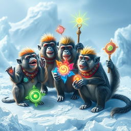 A group of anthropomorphic Hyperborean monkeys engaged in a whimsical scene, showcasing their vibrant fur and playful expressions