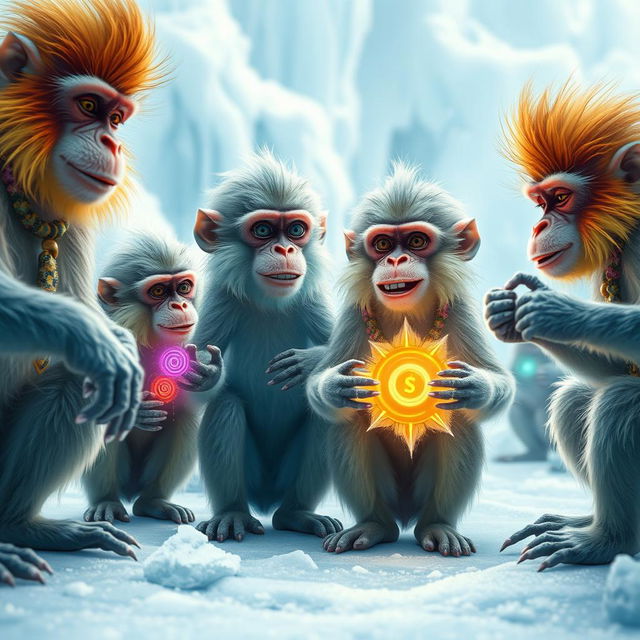 A group of anthropomorphic Hyperborean monkeys engaged in a whimsical scene, showcasing their vibrant fur and playful expressions