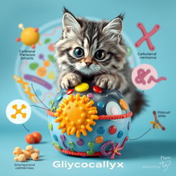 An adorable cat with wide, expressive eyes sitting atop a colorful and detailed model of a glycocalyx