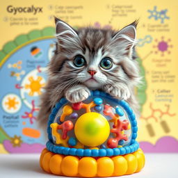 An adorable cat with wide, expressive eyes sitting atop a colorful and detailed model of a glycocalyx