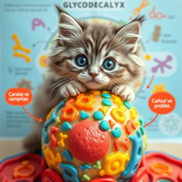 An adorable cat with wide, expressive eyes sitting atop a colorful and detailed model of a glycocalyx