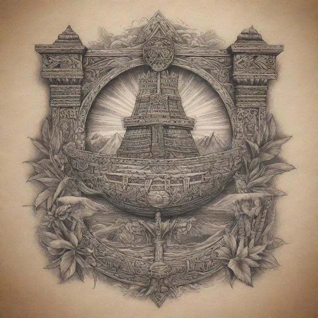 A detailed Polynesian style tattoo design incorporating elements of the Ark of the Covenant.