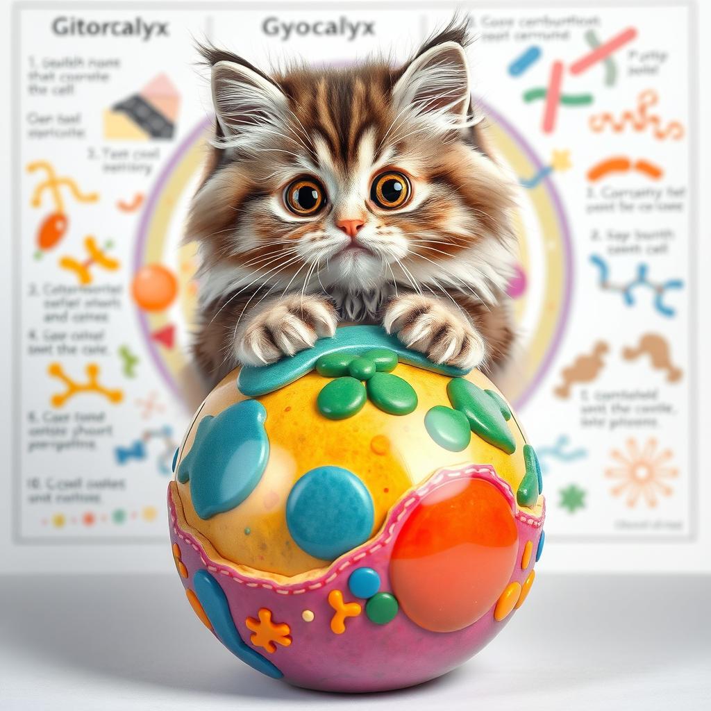 An adorable cat with wide, expressive eyes sitting atop a colorful and detailed model of a glycocalyx