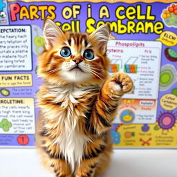 An adorable cat with big, expressive eyes happily teaching about the parts of a cell membrane