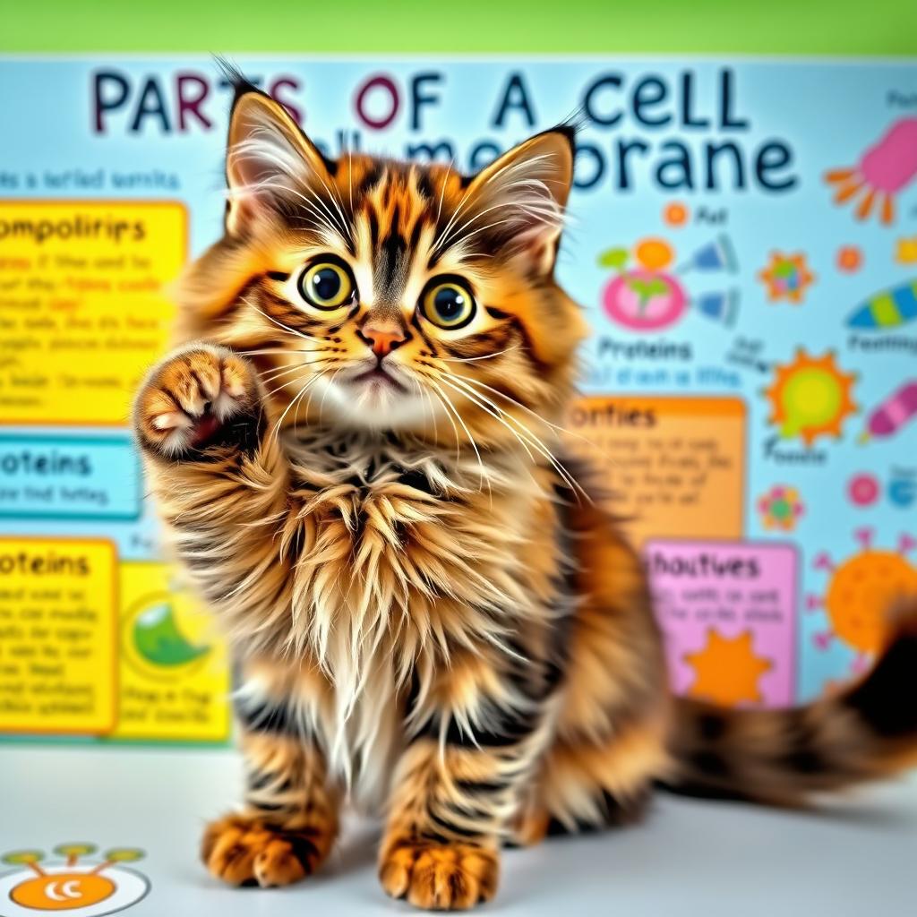 An adorable cat with big, expressive eyes happily teaching about the parts of a cell membrane