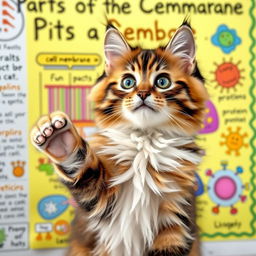 An adorable cat with big, expressive eyes happily teaching about the parts of a cell membrane