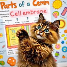 An adorable cat with big, expressive eyes happily teaching about the parts of a cell membrane