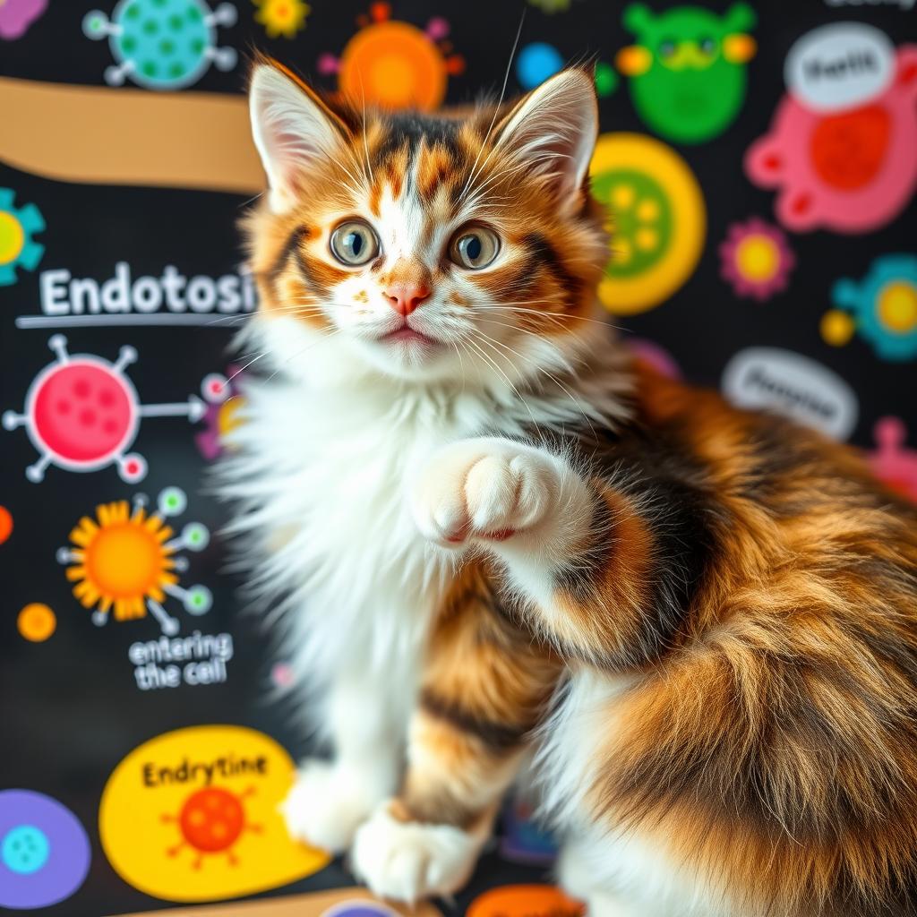 An adorable cat with bright, curious eyes joyfully explaining endocytosis