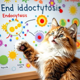 An adorable cat with bright, curious eyes joyfully explaining endocytosis