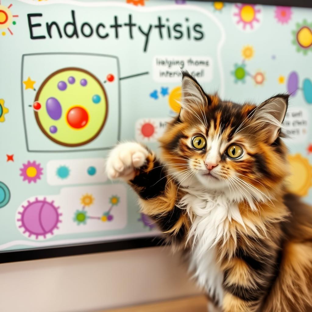 An adorable cat with bright, curious eyes joyfully explaining endocytosis