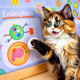 An adorable cat with bright, curious eyes joyfully explaining endocytosis