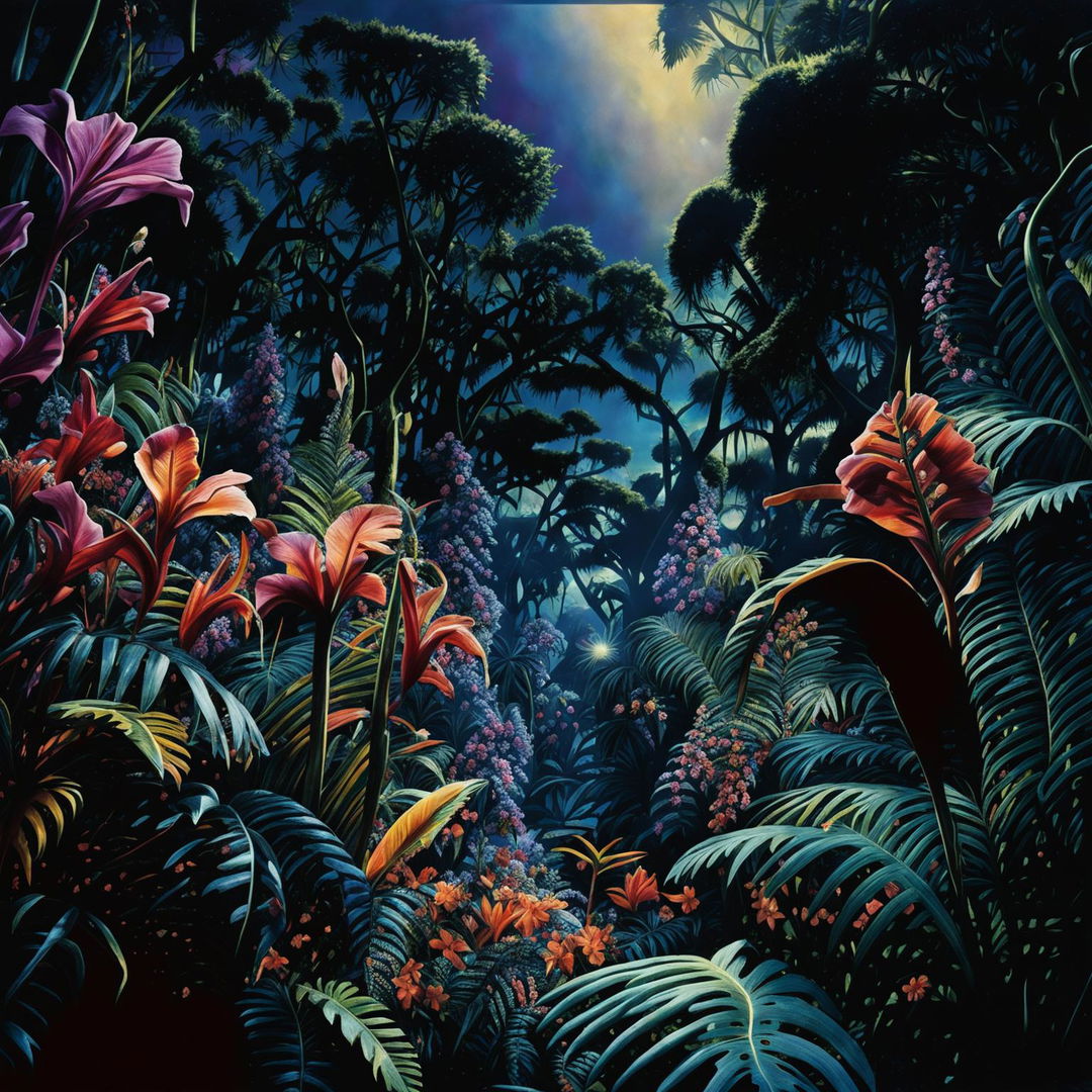 Hyper-realistic 3D photograph of a vibrant, mystical African jungle filled with exotic flowers and intense details, captured in high-definition cinema photography.