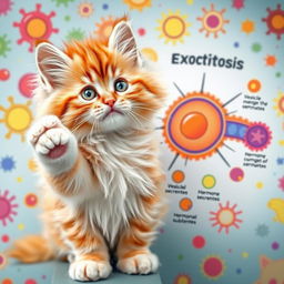 An adorable cat with sparkling, inquisitive eyes energetically explaining exocytosis