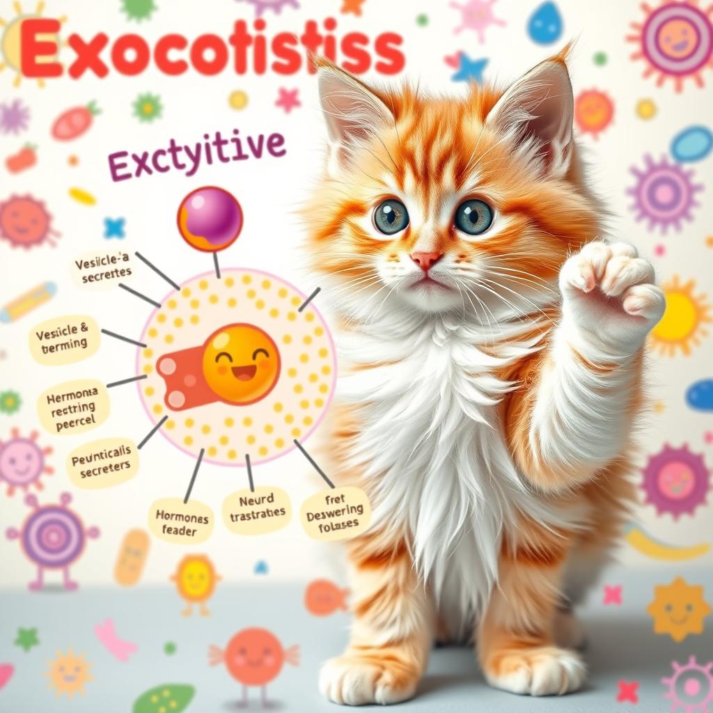 An adorable cat with sparkling, inquisitive eyes energetically explaining exocytosis