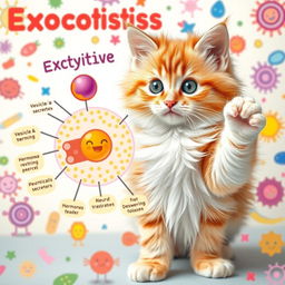 An adorable cat with sparkling, inquisitive eyes energetically explaining exocytosis