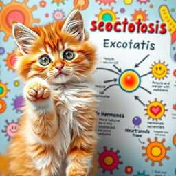 An adorable cat with sparkling, inquisitive eyes energetically explaining exocytosis