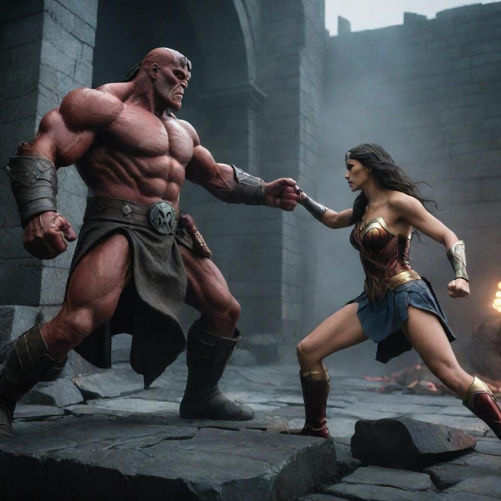 An epic battle scene featuring Hellboy and Wonder Woman, in the gothic, stony environment of Dragonstone, with the sparring superheroes showing powerful action stances.