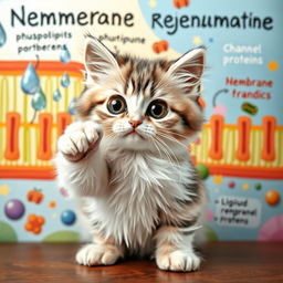 An adorable cat with large, expressive eyes heroically stopping the entrance of liquids to a cell membrane