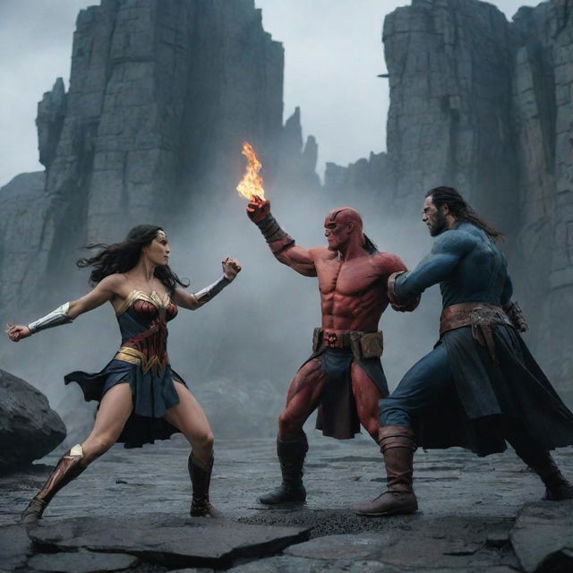 An epic battle scene featuring Hellboy and Wonder Woman, in the gothic, stony environment of Dragonstone, with the sparring superheroes showing powerful action stances.