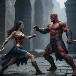 An epic battle scene featuring Hellboy and Wonder Woman, in the gothic, stony environment of Dragonstone, with the sparring superheroes showing powerful action stances.