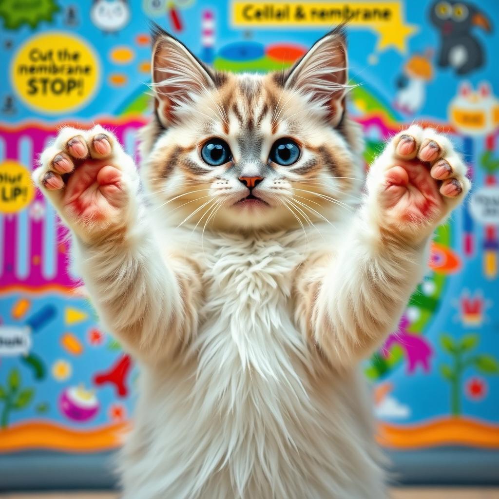 An adorable cat standing upright with its paws open wide, playfully stopping the entry of substances to a cell membrane