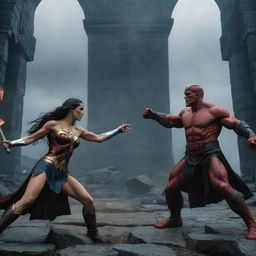 An epic battle scene featuring Hellboy and Wonder Woman, in the gothic, stony environment of Dragonstone, with the sparring superheroes showing powerful action stances.