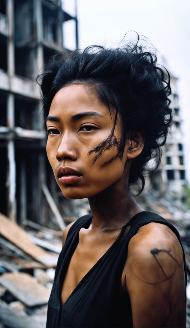 16k resolution raw photograph of a beautiful 23-year-old black Korean woman with light brown eyes and symmetrical features in a war-torn setting. Low light, side head view shot by James Nachtwey, unedited.