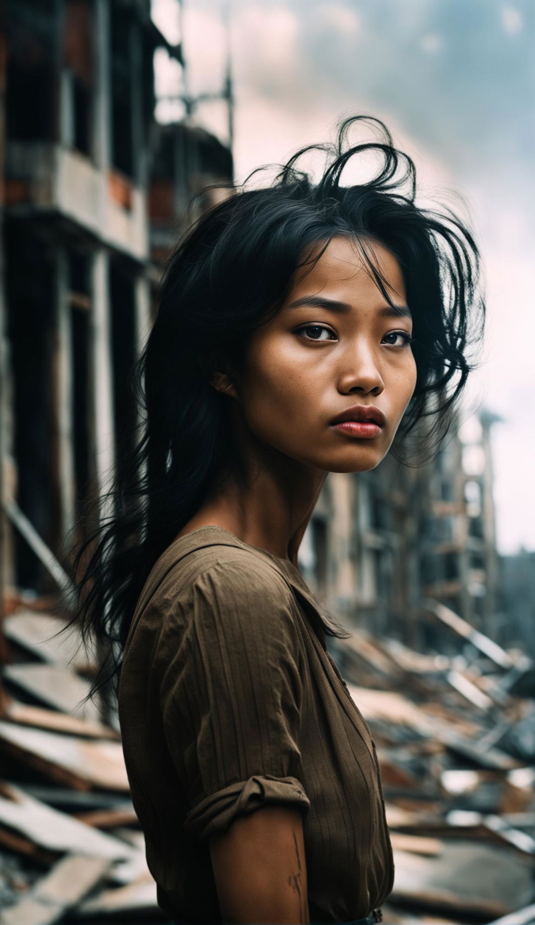 16k resolution raw photograph of a beautiful 23-year-old Korean/black woman with light brown eyes and symmetrical features in a war-torn setting. Low light, side head view shot by James Nachtwey, unedited.