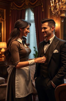 A beautiful female servant in a classic, elegant uniform serving a handsome man in an opulent, grand room with luxurious decor