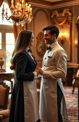 A beautiful female servant in a classic, elegant uniform serving a handsome man in an opulent, grand room with luxurious decor