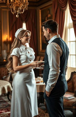 A beautiful female servant in a classic, elegant uniform serving a handsome man in an opulent, grand room with luxurious decor