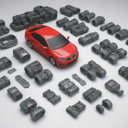 An assortment of 3D automobile vehicle spare parts displayed.