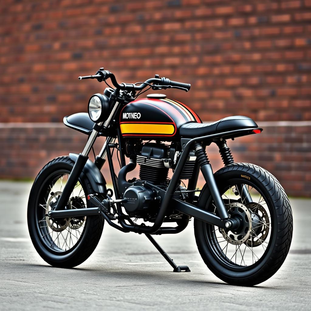 A sleek and stylish motorcycle design representing a Moto Neo Cafe Racer with a modern twist, featuring a compact 125 cc engine