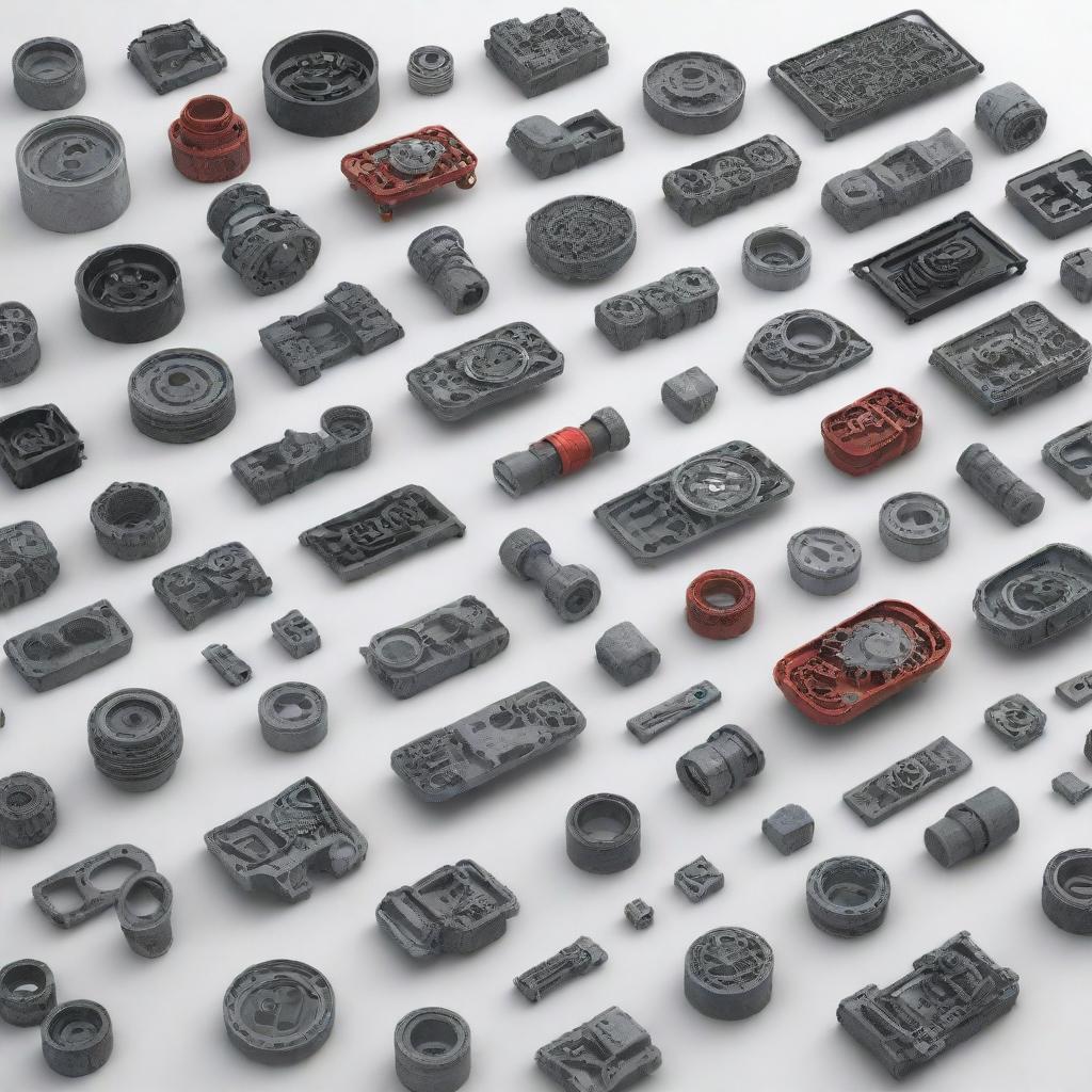 An assortment of 3D automobile vehicle spare parts displayed.