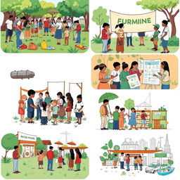 An engaging community initiative scene showcasing various activities focused on environmental conservation