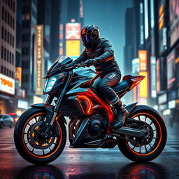 A striking cyberpunk café racer motorcycle, boasting a sleek and futuristic design with angular lines and vibrant neon colors