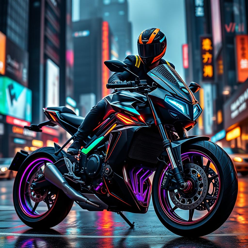 A striking cyberpunk café racer motorcycle, boasting a sleek and futuristic design with angular lines and vibrant neon colors